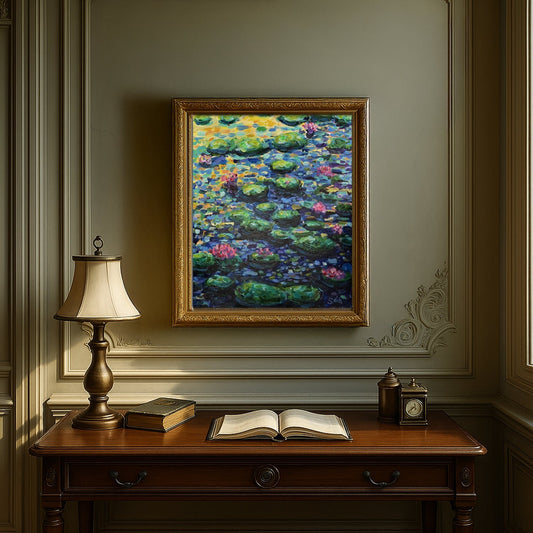 Water Lilies by Adam Sain - Trellis & Vine Adam Sain Artwork - impressionist water lily painting in room