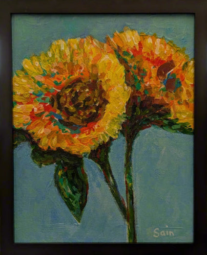 An impressionist styled artwork featuring two sunflowers on a blue background reminiscent of the sky.