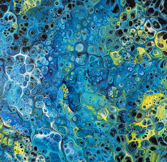 Abstract pattern of blue, green, and yellow colors.