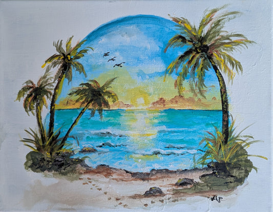 Acrylic on Canvas Artwork by local artist Anne Polk depicting a sunset on the waves at the beach framed by palm trees.
