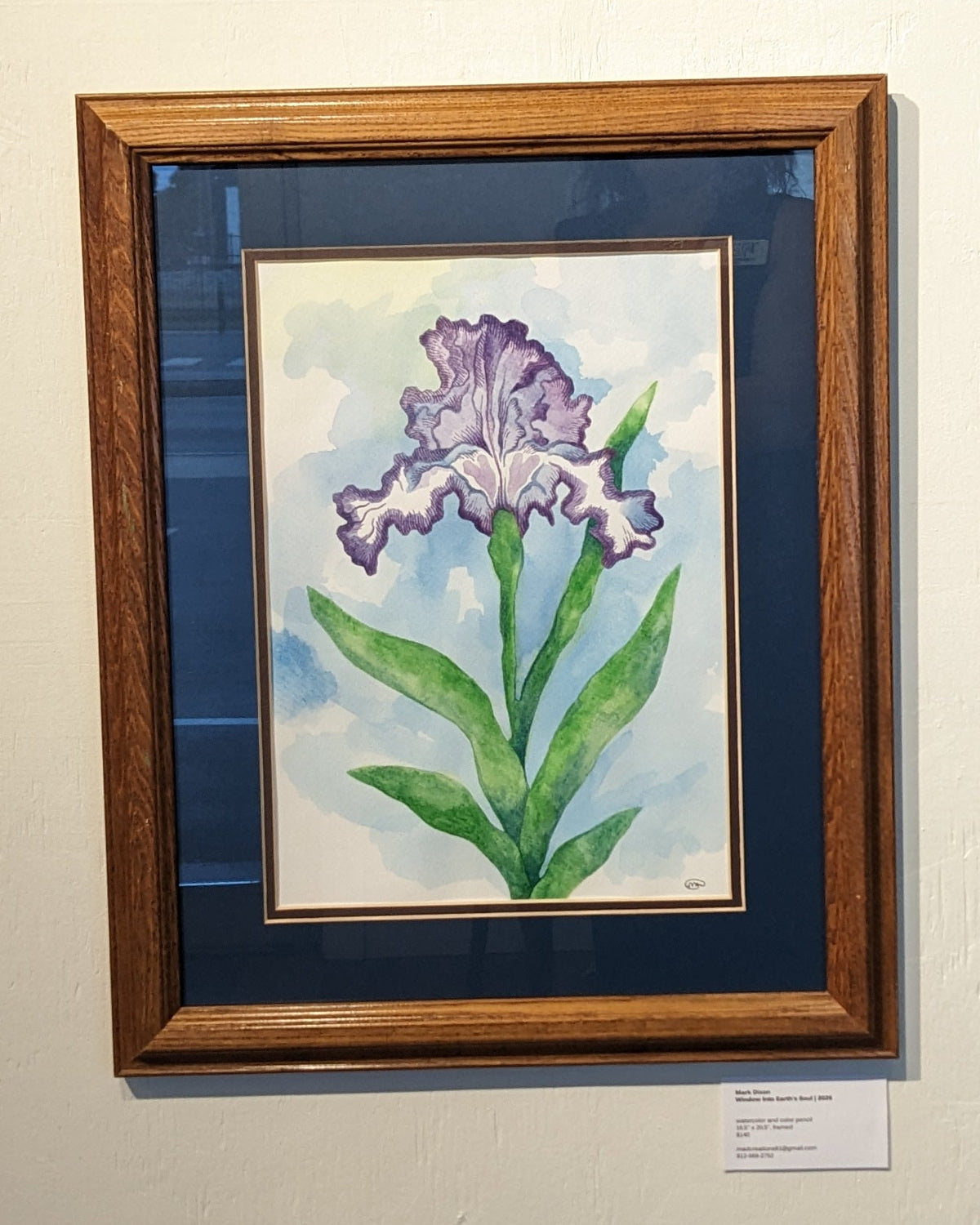 Framed watercolor of a purple iris flower. 