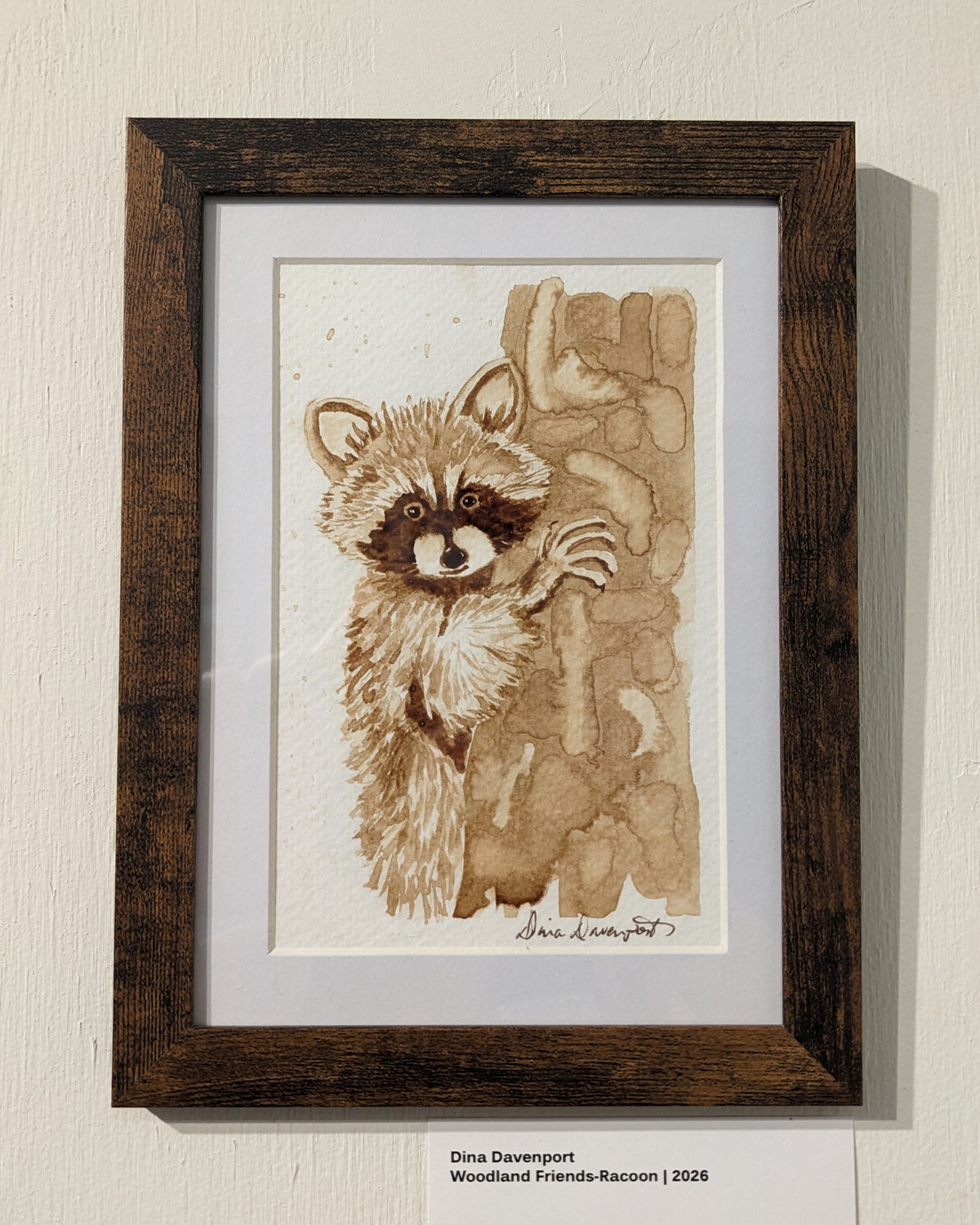 A framed watercolor raccoon artwork hangs on a light beige wall above a small white artist card. The piece features a raccoon painted in brown and sepia tones on white paper, set within a dark brown wooden frame with a white mat.