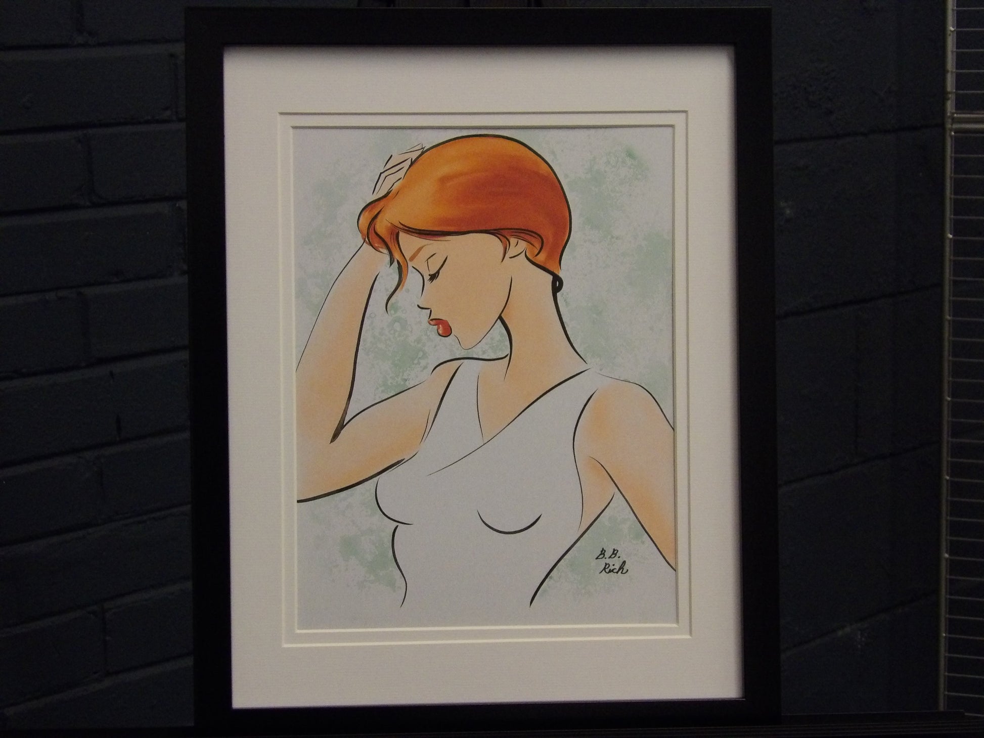 A stylish minimalist illustration of a contemplative woman in a white tank top. Soft background, bold outlines, and a chic, modern vibe suitable for fashion and art themes.